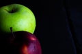 two different apples on slate and rustic background