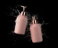 Two different beige cosmetic bottles in water splash isolated on black background 3D render, hair and bory care products