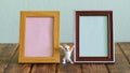 Two different blank empty frames for pictures or photos. Next to funny toy dancing cat from meme on wooden table. Fillable element