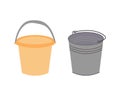 Two different buckets for cleaning. Washing floor pail. Plastic orange water bucket and metal galvanized gray bucket