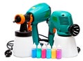 Two different construction electrical spray gun for pulverization of color and small bottles with color