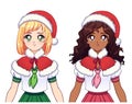 Two different ethnic anime girls wearing japanese school uniform and Christmas hat