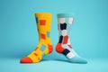 Two different mismatched socks on light blue geometric shape background. Fashion, Odd Socks Day, Lonely Sock Day, Anti Royalty Free Stock Photo