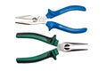 Two different ong nose pliers with black and green isolated handles on white background. Tools isolated on white, top view Royalty Free Stock Photo