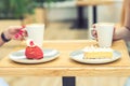 Two different piece of cake on background of two female hands with coffee.