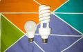 two different shape of light bulb : spiral bulb and globe bulb laying on fabric Royalty Free Stock Photo