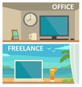 Two different workplace in office and on tropical resort