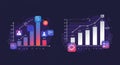 Two digital bar graphs with a dark background depict data visualization elements. The Royalty Free Stock Photo