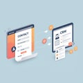 Two digital interface illustrations depict a contact form and a CRM system. The Royalty Free Stock Photo