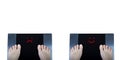 Two digital scales with female feet on them and sad and happy smiles on display. Concept of weight control before and after Royalty Free Stock Photo