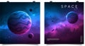 Two digital space-themed posters with vibrant colors. The left poster features a large, Royalty Free Stock Photo
