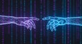 Two digital wireframe hands reaching towards each other with binary code digital hands touching Royalty Free Stock Photo