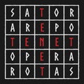 Two-dimensional word square containing the five-word Latin palindrome, Sator Square. Sator, Arepo, Tenet, Opera and Rotas. It