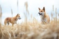 two dingoes coordinating an ambush in a field