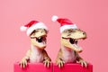 Two dinosaurs Rex in red Santa Claus hat holds golden gift box in its paws on pink background New Years Eve or Christmas Eve Art h Royalty Free Stock Photo