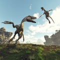 Two dinosaurus fighting in the valley