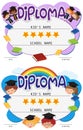 Two diploma templates with kids in graduation gown