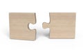 Two disconnected pieces of wooden puzzle isolated on white. 3d illustration