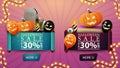 Two discount Halloween banner in the form of a roll of parchment. Tombstone, spell book, pumpkin Jack and Halloween balloons
