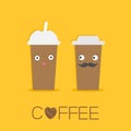 Two disposable coffee paper cups with eyes mustache and lips. Sead heart. Happy family Flat design