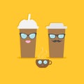 Two disposable coffee paper cups and tecup with sunglasses mustache and lips . Flat design