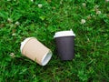 Two disposable paper coffee cups lie on the ground among the clover and green grass. Royalty Free Stock Photo