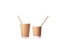 Two disposable paper cups small and medium sizes with straws, white background Royalty Free Stock Photo