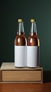 Two distinct nonalcoholic beverage bottles accompanied by a white paper box, isolated on a Toscha background