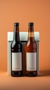 Two distinct nonalcoholic beverage bottles accompanied by a white paper box, isolated on a Toscha background