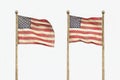 Two distressed american flags on golden poles against a plain white background in studio light Royalty Free Stock Photo