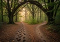 With two diverging paths covered in fallen leaves, surrounded Royalty Free Stock Photo