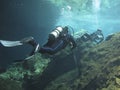 Two divers exploring the underwater cenotes in Mexico. Royalty Free Stock Photo