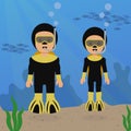 Two divers under water watching underwater world