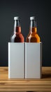 Two diverse nonalcoholic drink bottles with a white paper box on a Toscha background