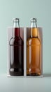 Two diverse nonalcoholic drink bottles with a white paper box on a Toscha background