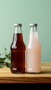 Two diverse nonalcoholic soda bottles with a white paper box on a Toscha background