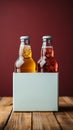 Two diverse nonalcoholic soda bottles with a white paper box on a Toscha background