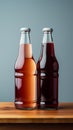 Two diverse nonalcoholic soda bottles with a white paper box on a Toscha background