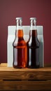 Two diverse nonalcoholic soda bottles with a white paper box on a Toscha background