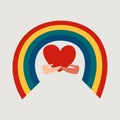 Two diverse partner hand hold heart and rainbow together. Pride color print in cartoon style. Lgbt emblem, love