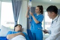 Two doctors caring for a patient lying in a bed in a hospital room with two nurses, a healthcare worker Royalty Free Stock Photo