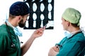 Two doctors discussing x-ray picture of the patient. Royalty Free Stock Photo