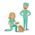 Two doctors with dog. Vet doctors. Cartoon veterinarians