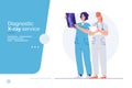 Two doctors are examining x-ray image. Vector outline illustration, editable stroke, global swatches