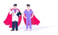 Two doctors with hero cape behind hospital medical employee fight against diseases and viruses on frontline flat style