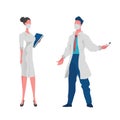 Two doctors in lab coats with face masks are standing on white background