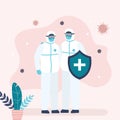 Two doctors in special protective uniforms. Medical workers holding security shield. Protection and control of viruses and