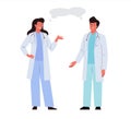 Two doctors in white uniform talk about medicine. Medical workers characters man and woman colleagues