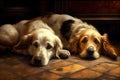 two dogs, both lying on the floor, with their heads and tails touching