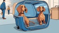 Two dogs in a cartoon suitcase